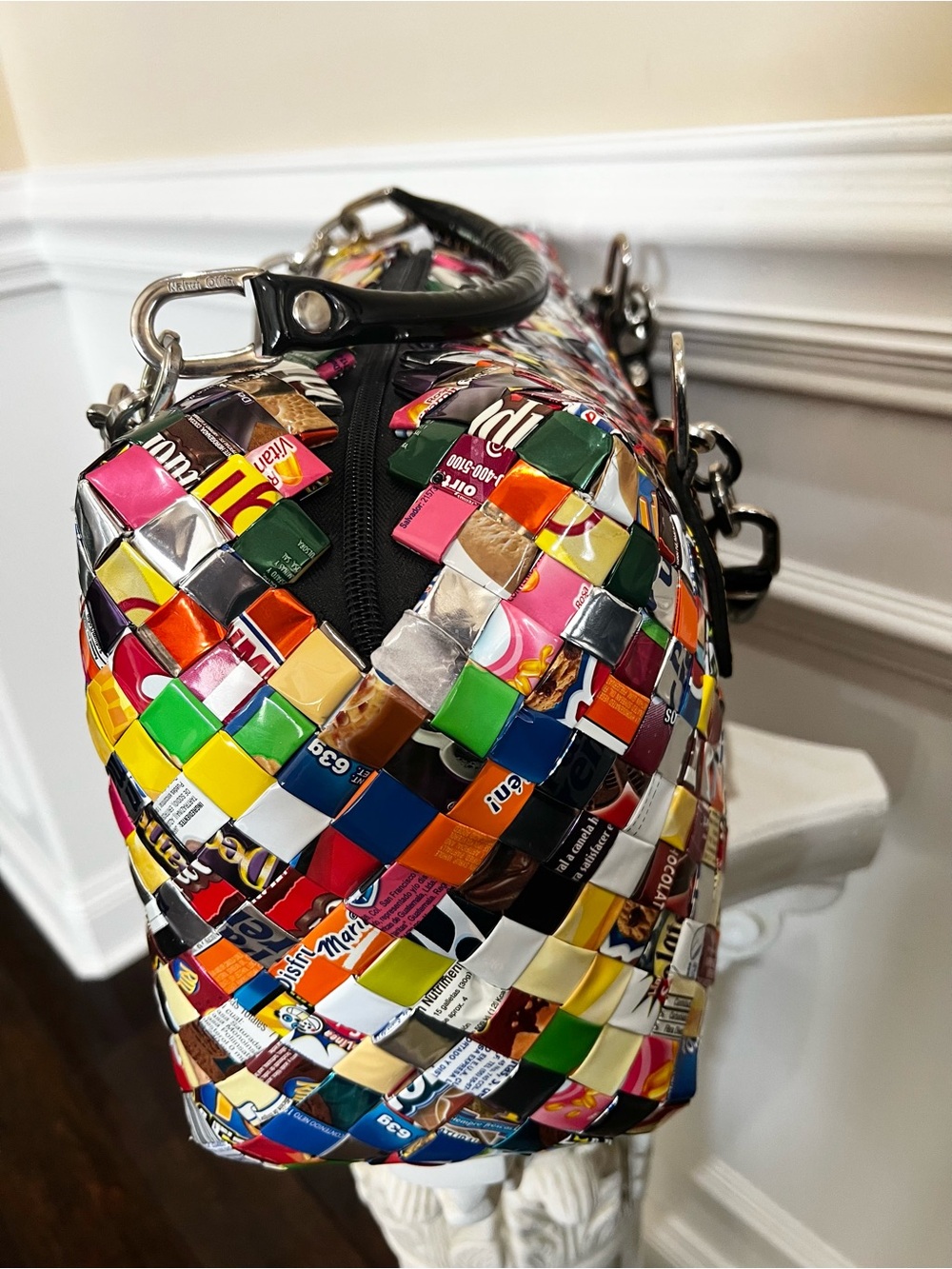Recycled, Patchwork Hand Woven Candy Wrappers Structured Large Satchel. - Picture 4 of 17